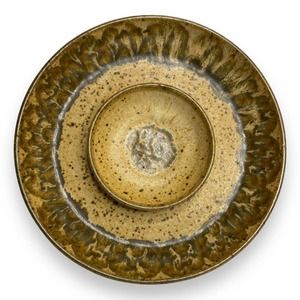 Vintage Stoneware Chip & Dip Server Tray Salt Glaze Beige Brown 9.5" Diameter